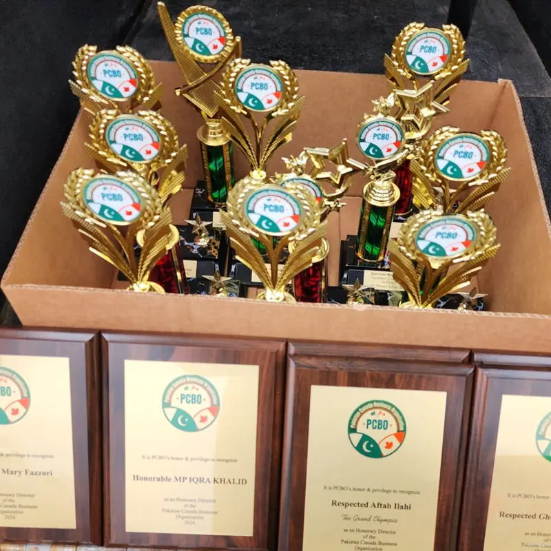 A box of PCBO trophies and framed appreciation certificates